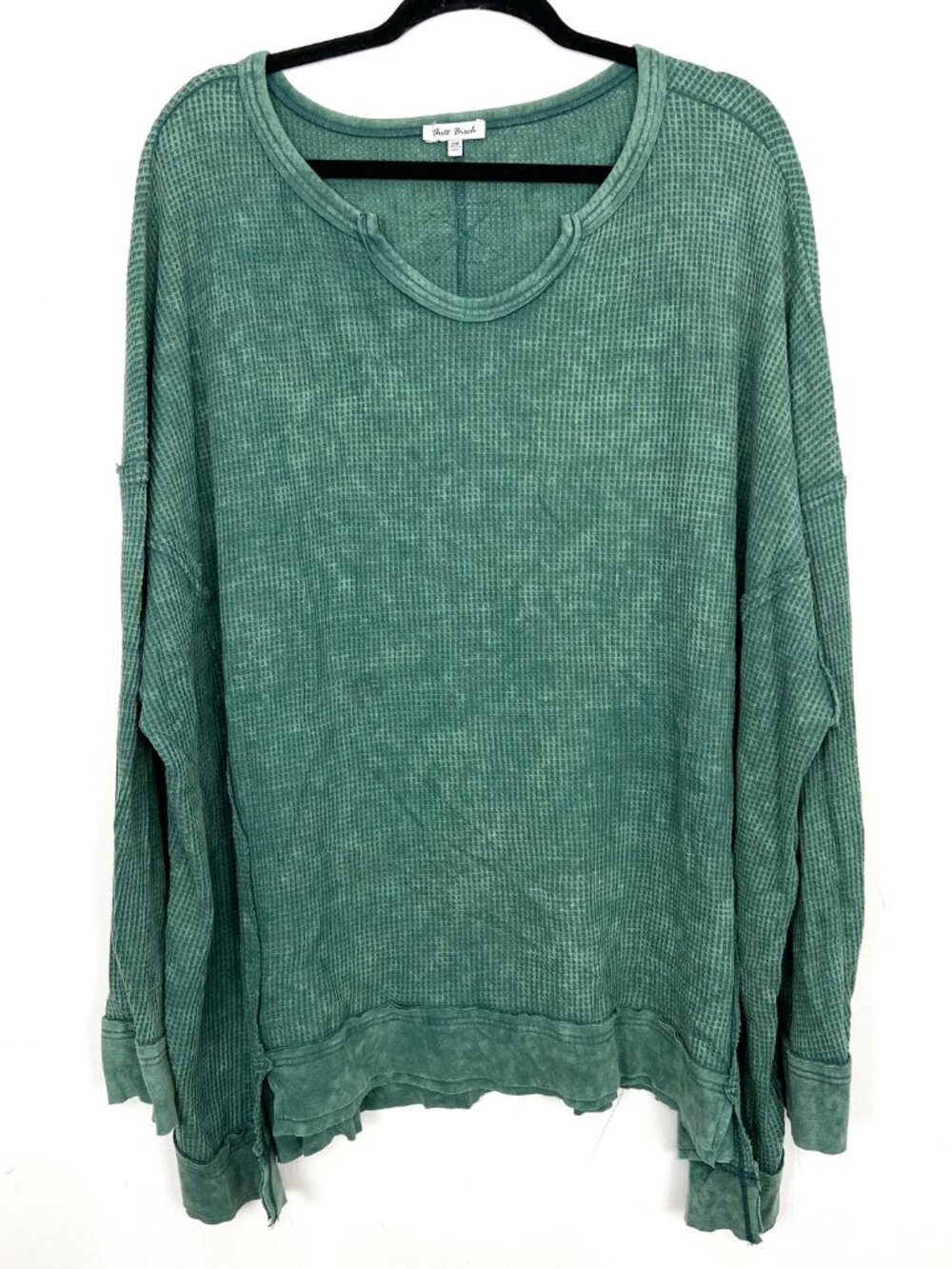 White Birch Waffle Knit Long Sleeve Top Green Mineral Wash Raw Edge 2X